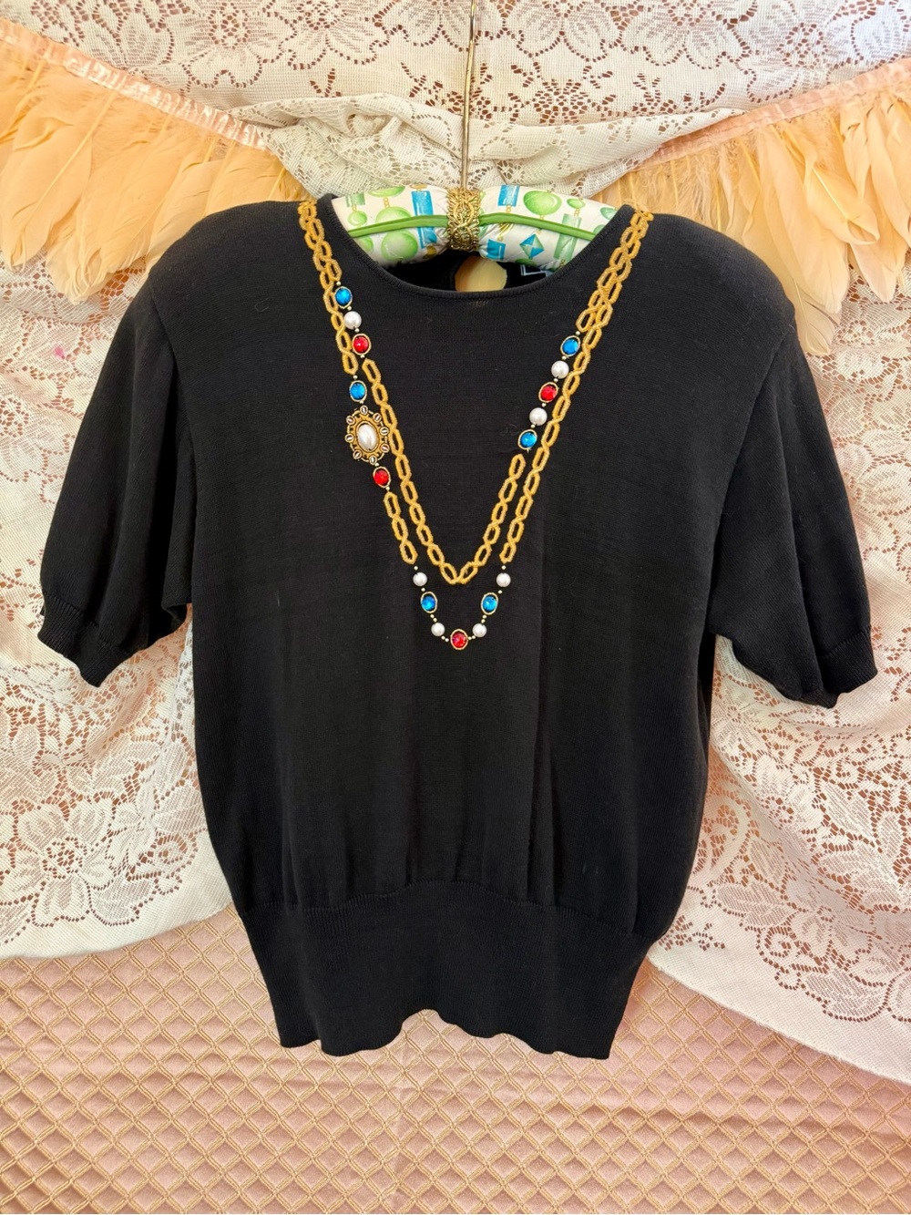 SK & Company  Vintage 80s Black Short Sleeve Knit Top with Faux Necklace Detail